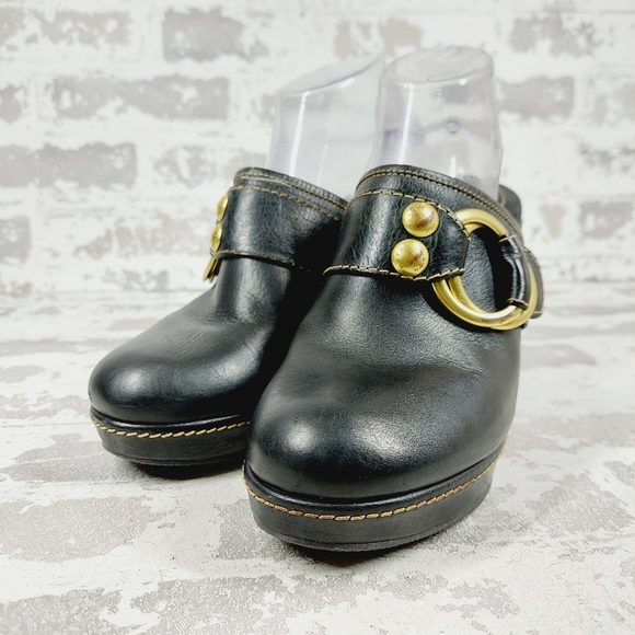 Coach Black Leather Slip On Gold Buckle Detail Heeled Mule Clogs M68 - Picture 2 of 14